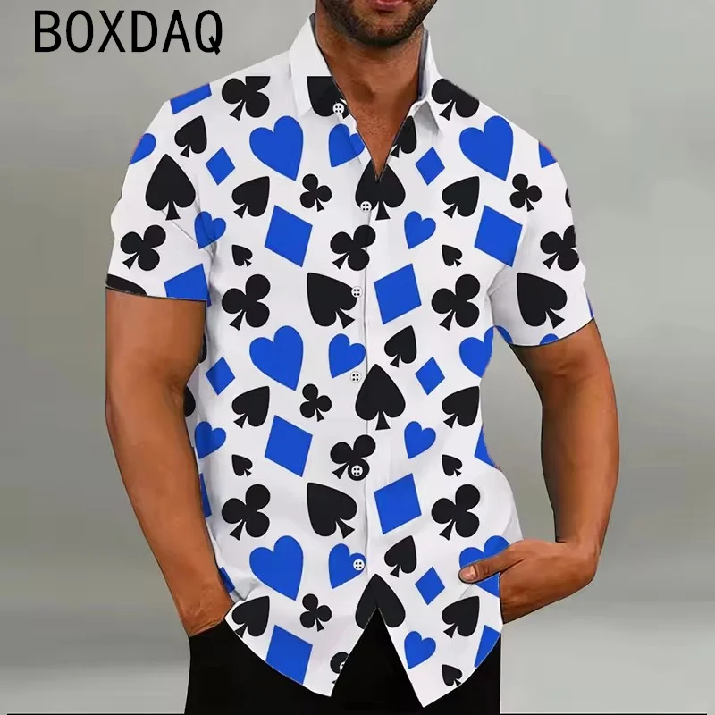 Fashion Fun 3D Poker Spade Printed Shirt Men Big Size Short Sleeve Lapel Street Shirt Tops Summer Outdoor Casual Blouse Tops