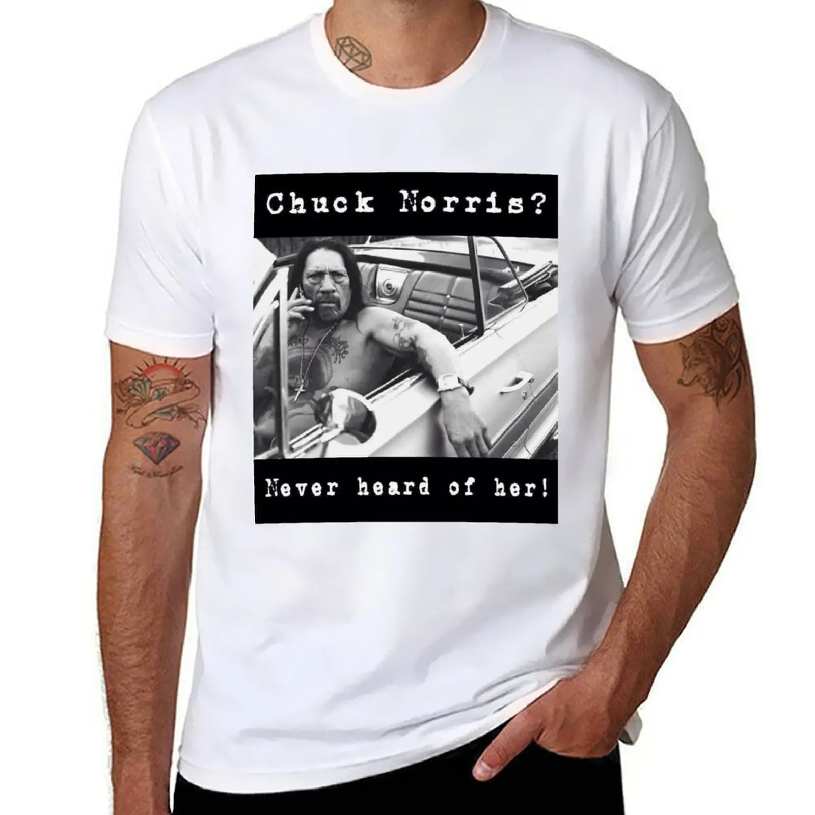 

Мачете Чак Норрис Футболка с надписью "Never heard about him", хлопковая, высококачественная, 100% хлопок, забавная, мужская