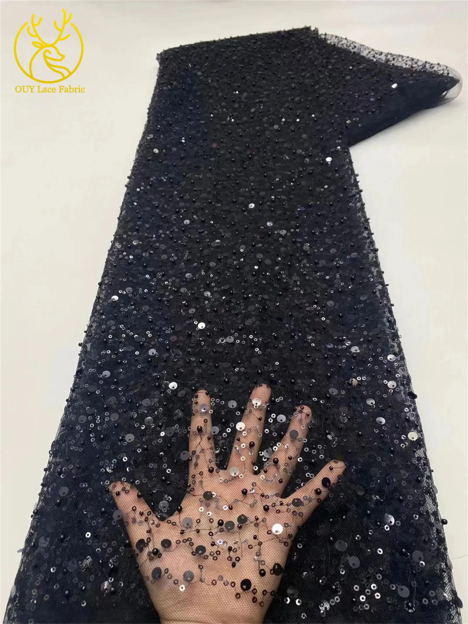 Rosa afrikanischer Tüll-Spitzenstoff mit Pailletten, 5 Yards, hochwertige nigerianische Perlen-Mesh-Spitze für Brautkleider, Hochzeitsfeiern und Näharbeiten. – Detail 19