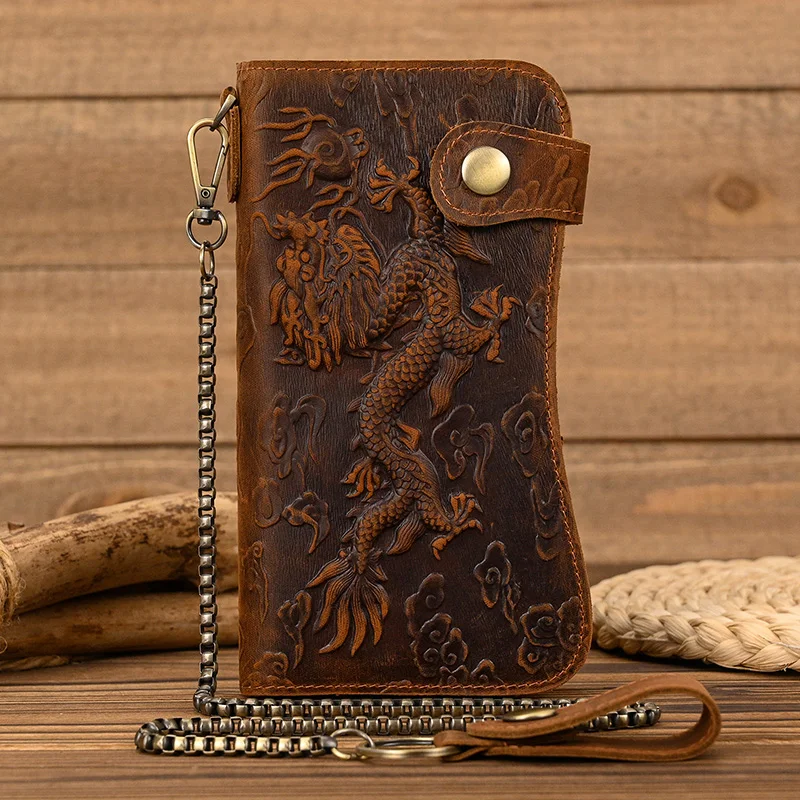 

Men Vintage crazy horse leather chain wallet Genuine leather Bifold long wallet Snap card holder tiger dragon coin pocket purse