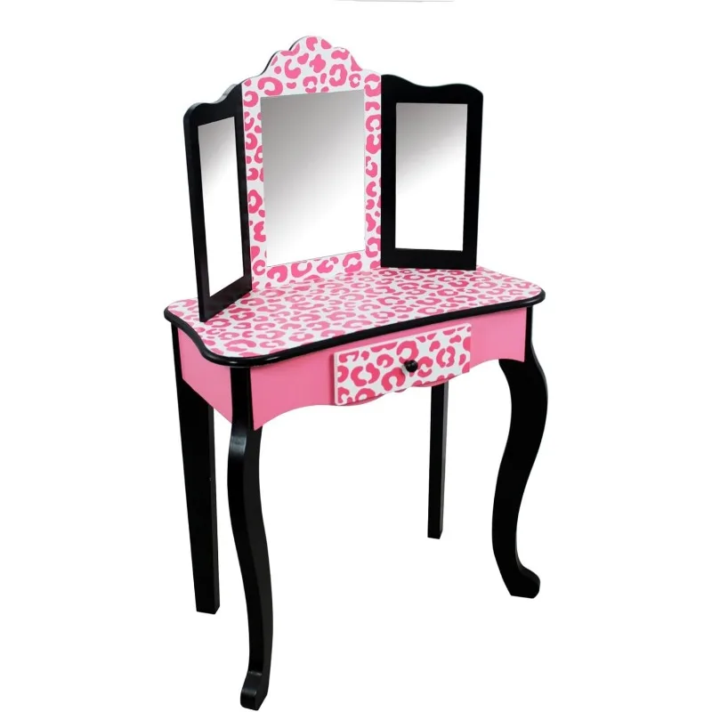 Play Vanity Set with Tri-Fold Mirror, Storage Drawer and Matching Stool To Play Dress-up, Princess or Beauty Shop