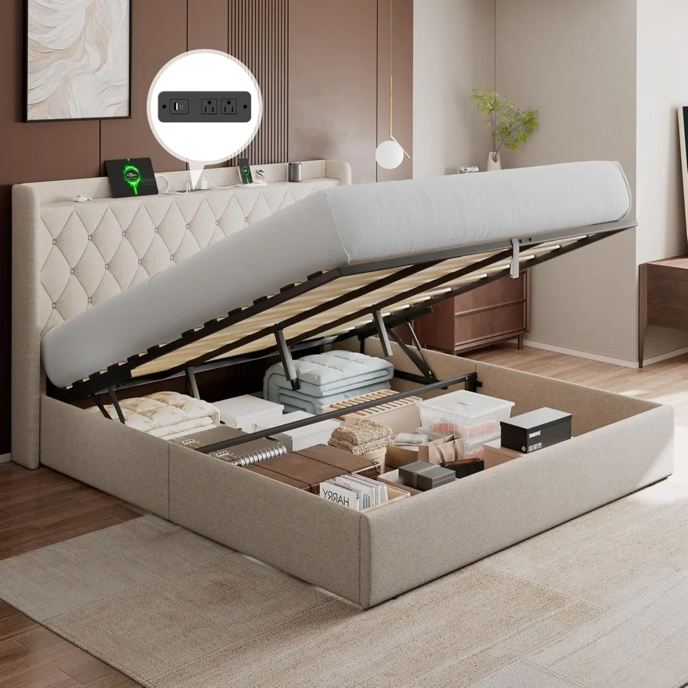 King Size Lift Up Storage Bed with Charging Station, Upholstered Bed Frame with Button Tufted Headboard, No Box Spring Needed