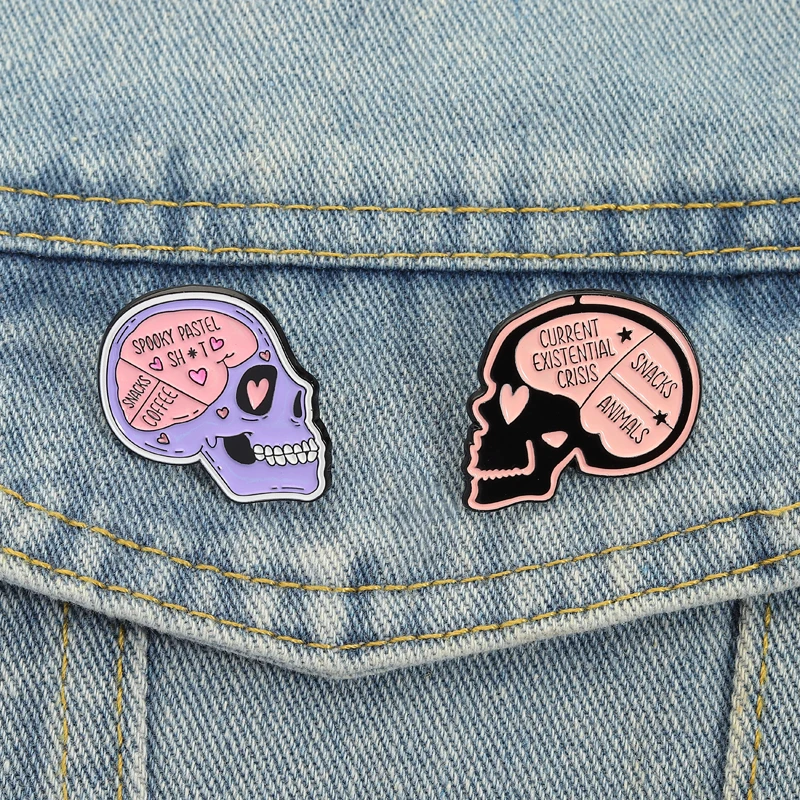 Rosa Lila Pastell Goth Emaille Pins Gruselige Gruselige Kopf Broschen Revers Abzeichen Skelett Schädel Schmuck Geschenk für Freunde