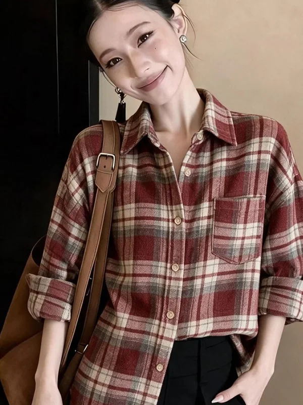 Stylish Red Plaid Shirt Women's Fashionable Retro Layering Top Autumn 2026 Trendy Long Sleeve Button up Casual Businesswear