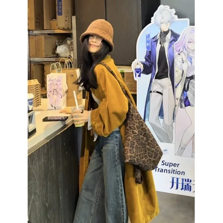 Thickened Fleece Long Cardigan Style Women's Outerwear Coat Vintage Versatile Winter Warm Polyester Cotton Blend Long Sleeve
