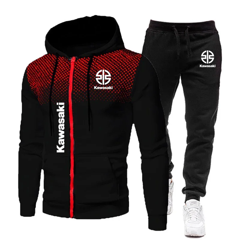 

Kawasaki Logo Motorcycle Racing Team Men Round Dot Hoodie Pant Sets Fashion Male Zipper Sweatshirt Pants Suit Sport Coat Set