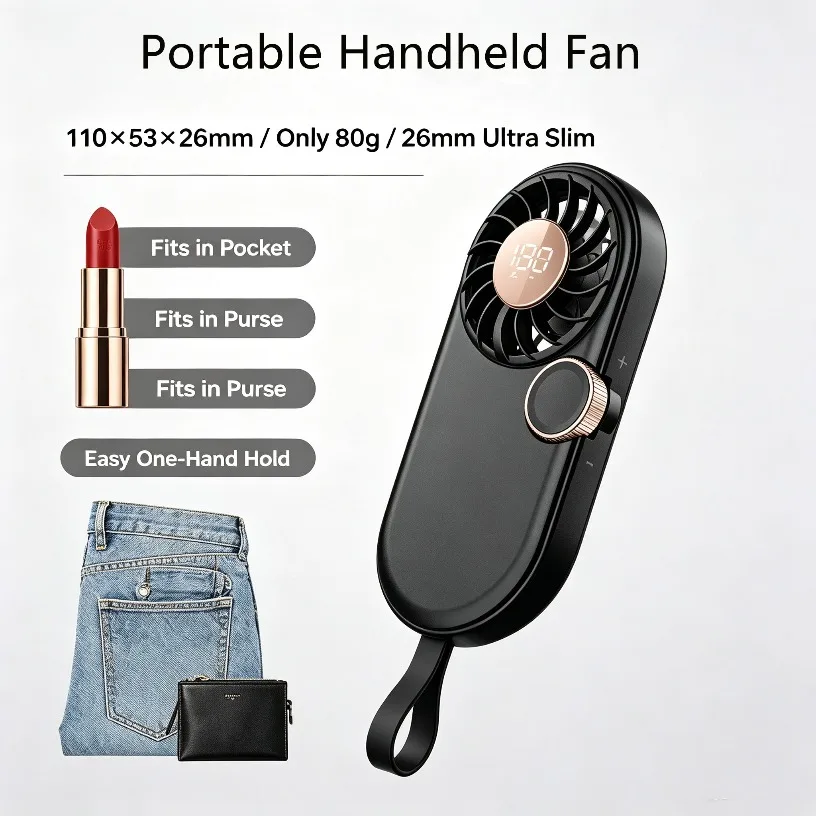 11000RPM Mini Pocket Fan Lipstick-Sized 100-Speed LED Display, Handheld Portable Fan Type-C for Makeup Commute Hiking Gift