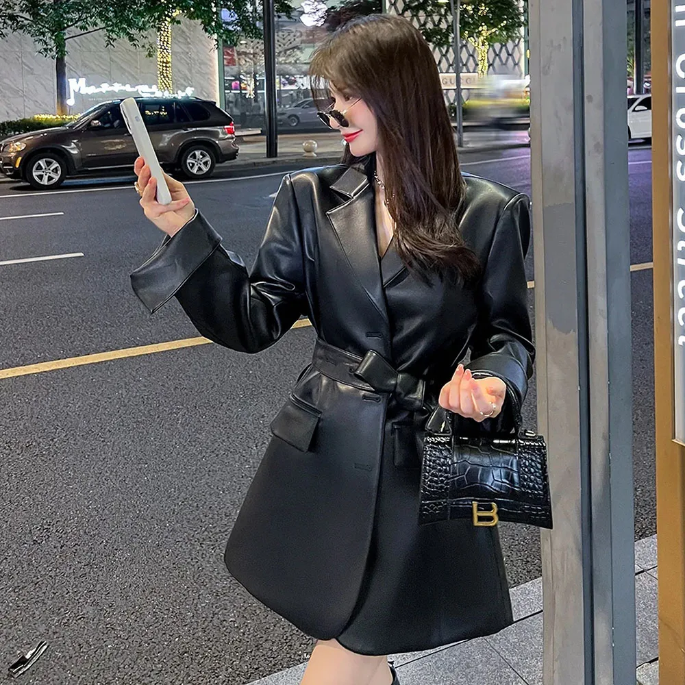 Mulher de couro falso jaqueta vintage preto básico blazer 2024 primavera outono casual feminino manga longa outwear senhoras casaco de couro do plutônio