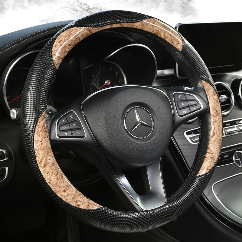 New Peach Wood Grain Round Steering Wheel Cover Universal Fit for 14 .5-15 Inch Durable Leather Cover Anti-Slip Veins Design