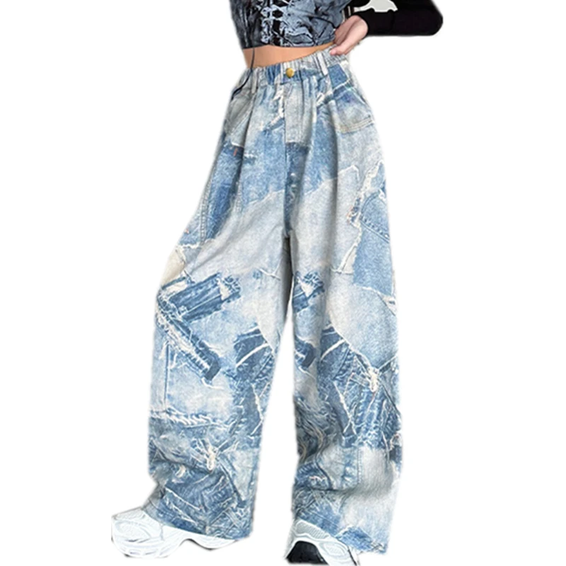 

American Style Girl High Street Newspaper Print Jeans for Children Straight Loose Wide Leg Denim Pants Kids y2k Jeans Trousers