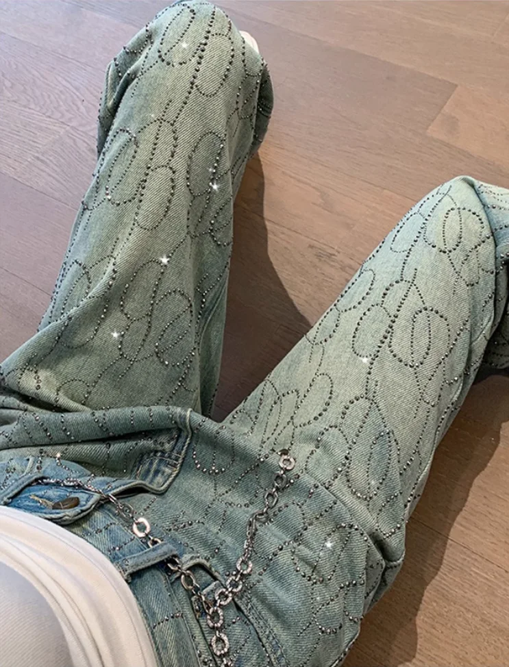 

Y2K Джинсы с высокой талией Женские горячие ромбовидные узкие широкие брюки в стиле тяжелой промышленности Сверкающие прямые узкие брюки