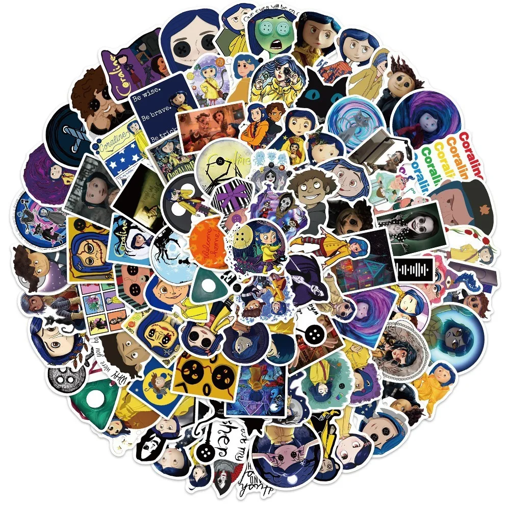 100 Uds. Película de terror animada Coraline y la puerta secreta pegatinas teléfono álbum de recortes maleta dibujos animados pegatina de Graffiti impermeable