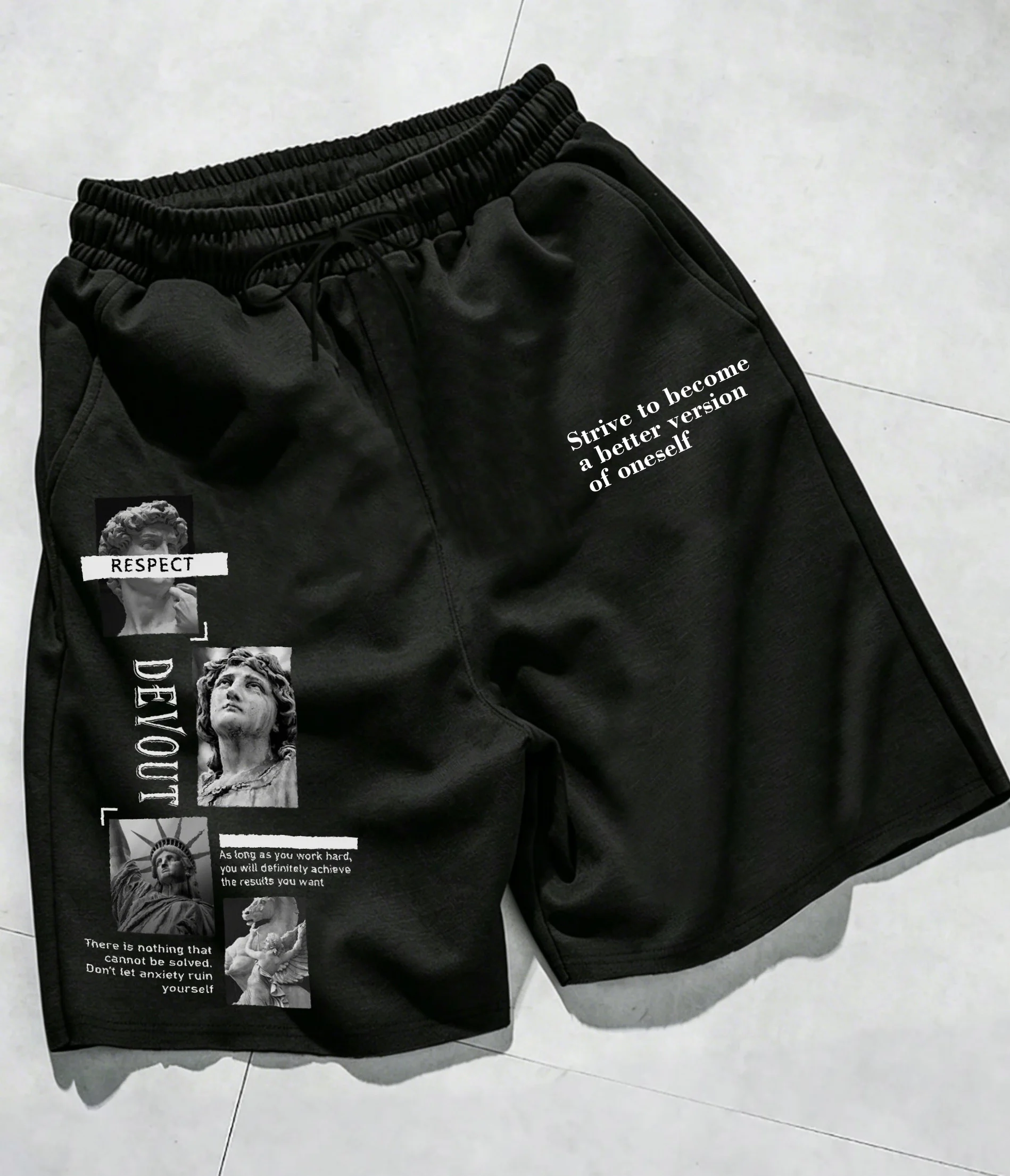 

Regular Fit Sculpture Art Shorts, Non-Cotton Streetwear Shorts with Inspirational Print, Elastic Waist Casual Bottoms
