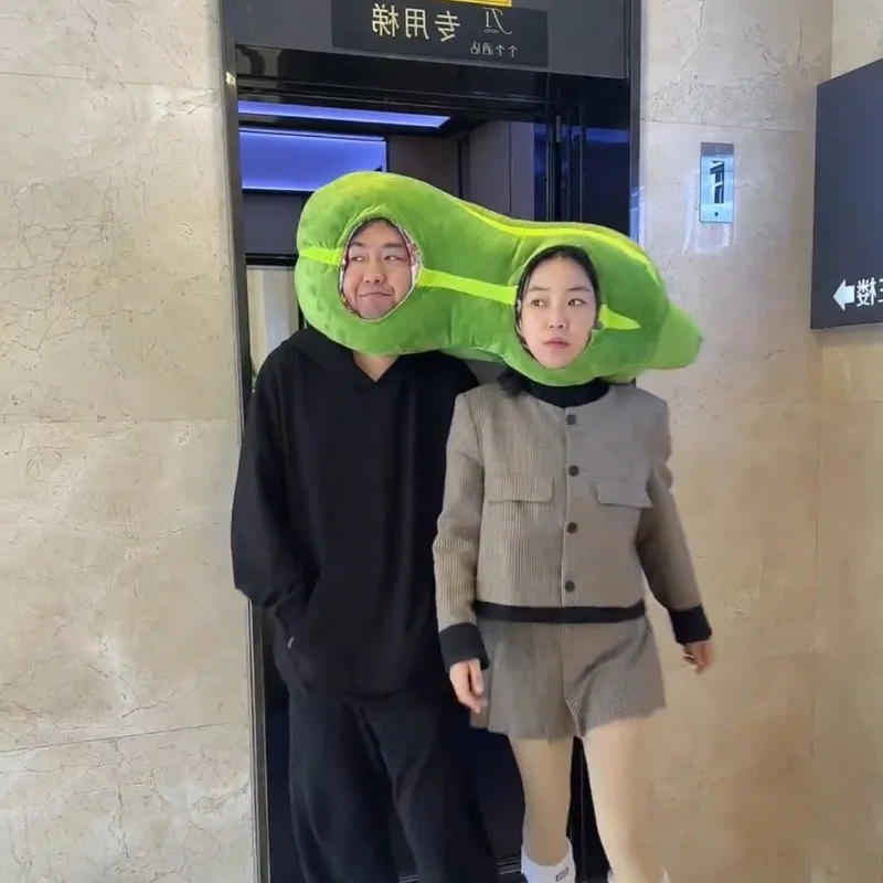 Funny Double Person Connected Cucumber Plush Headgear Creative Couple Bestie Funny Hat Warm Stuffed Pillows Toy Games Prop