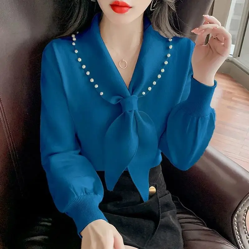 Women 2023 New Shirt Korean Edition Pullover Loose V-neck Lace Knitted Top Fashion Versatile Bow Solid Color Comfortable