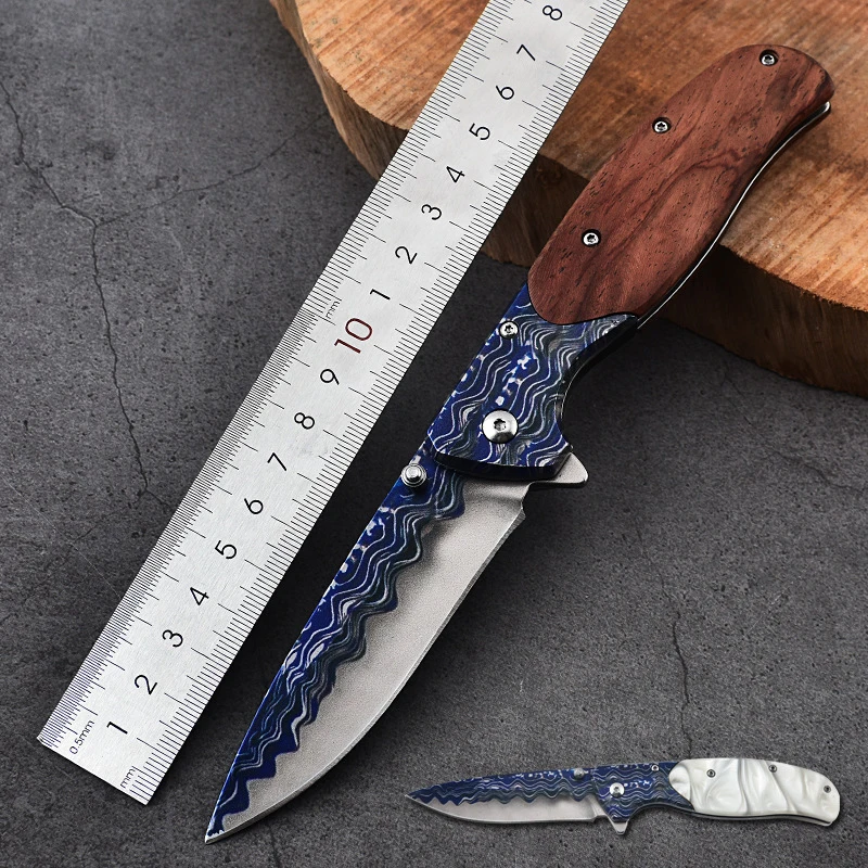 Personalized and trendy stainless steel folding knife, color wood handle, outdoor knife, outdoor self-defense knife, portable fo