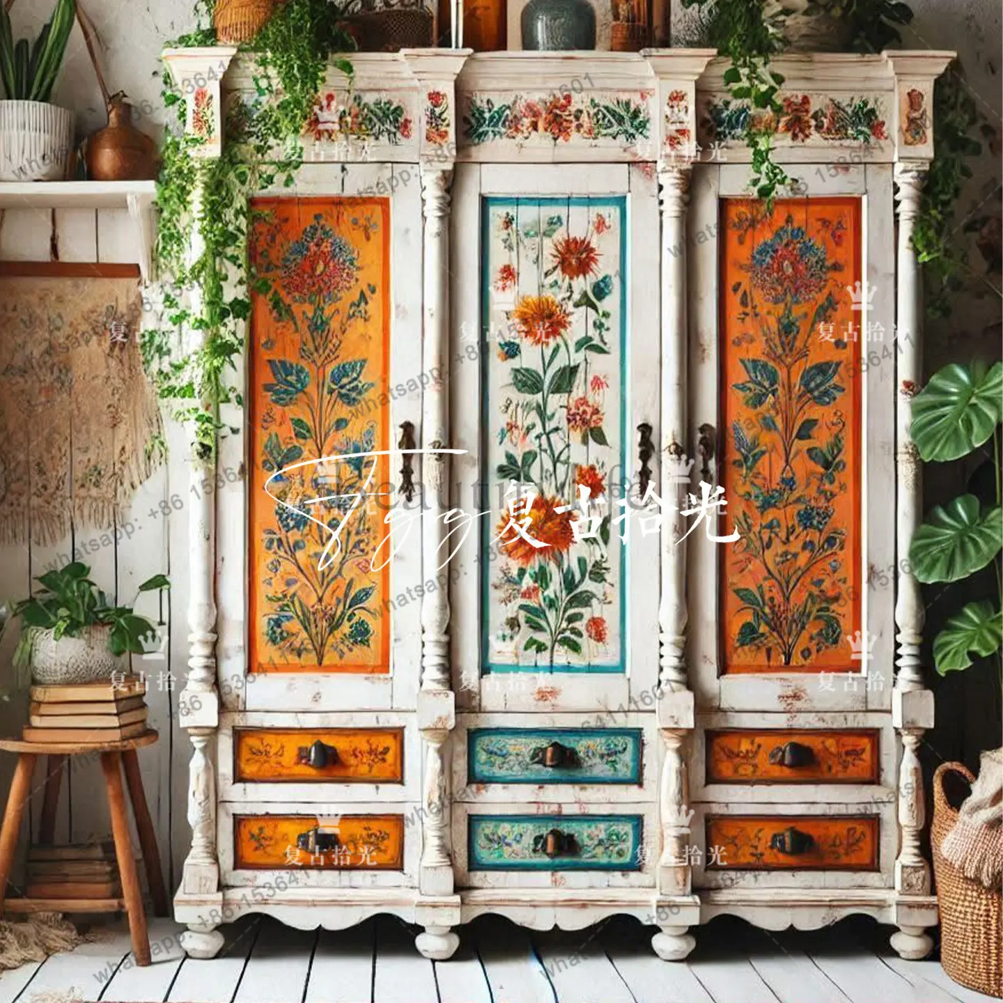 French retro style painted flower pattern three-door wardrobe, white old independent wardrobe
