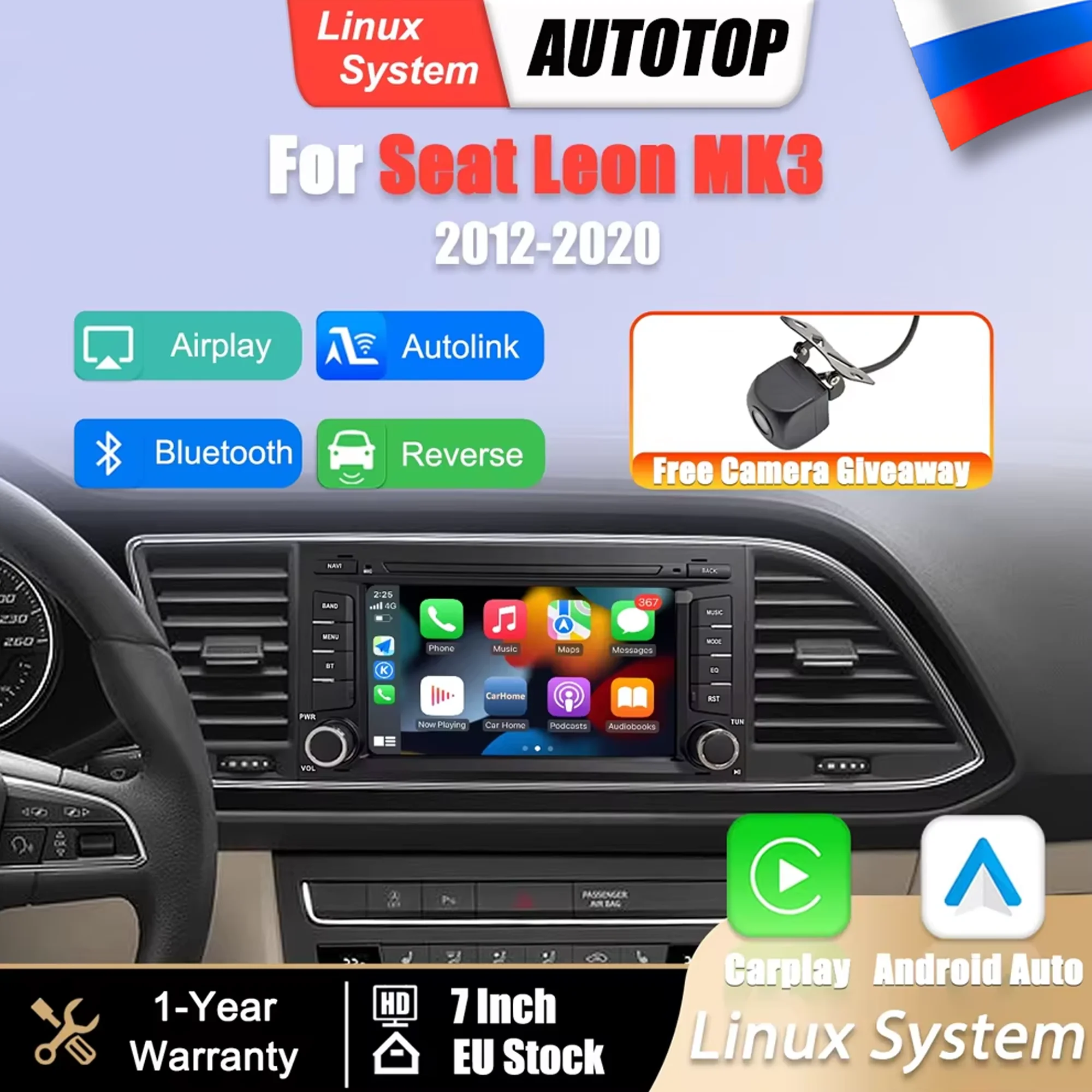 Pour Seat Leon MK3 2012-2020, écran multimédia Linux 7 pouces, CarPlay sans fil, Android Auto, Bluetooth, GPS, Navi, DSP, caméra arrière, autoradio