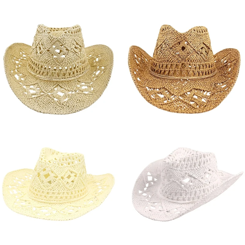 Straw Cowboy Hats For Women Western Cowgirl Hat For Holiday Party Foldable Vacation Beach Sun Hat With Wide Brim Easy Install