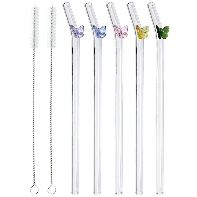 KSOL 5 Pcs Reusable Glass Straws,Colorful Butterfly on Clear Straws with Design Shatter Bent Drinking Straws