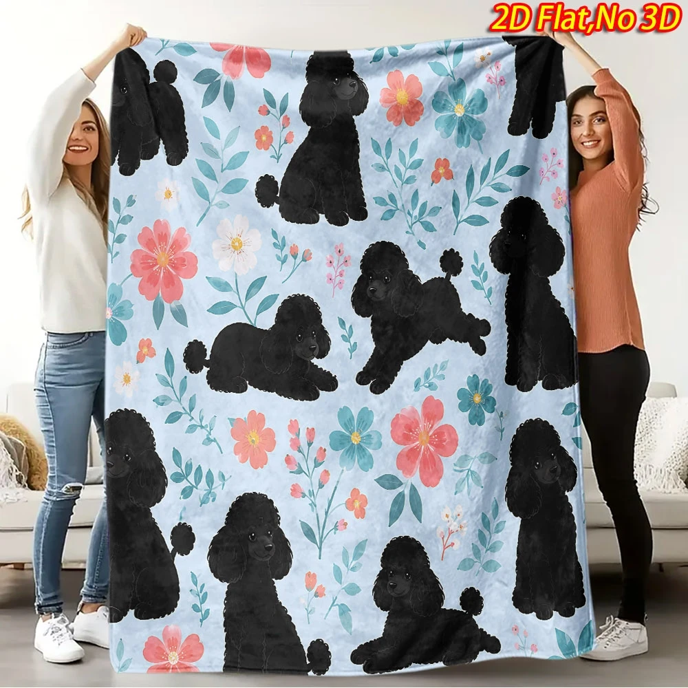 1pc 2D Flat Printing Spring And Summer New Arrival Black Poodle And Floral Theme Digital Print Blanket, All-Season Use, Casual T