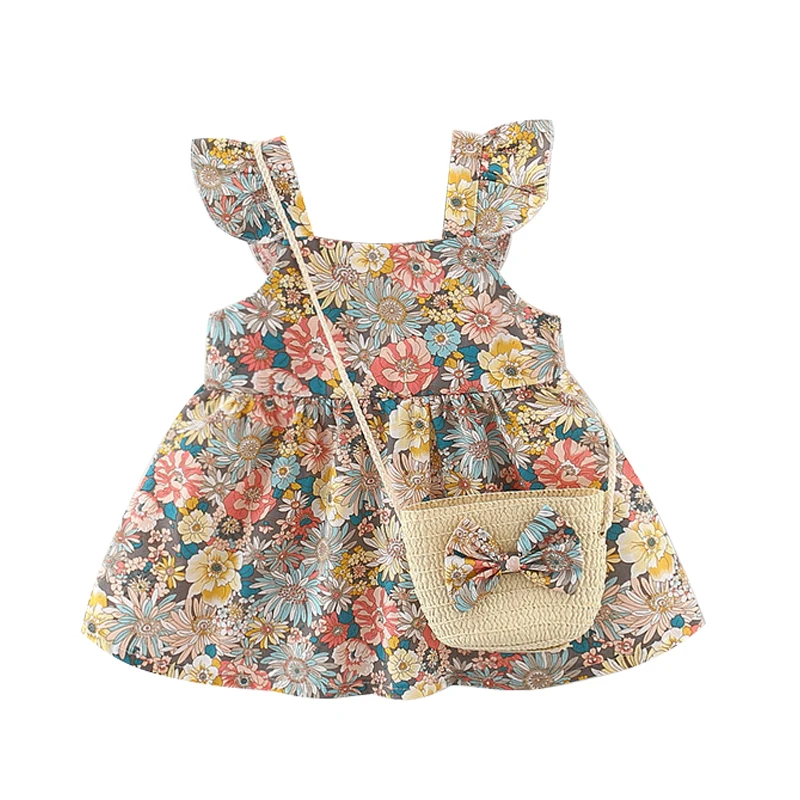 

2Piece Summer Baby Dresses For Girls Korean Cute Princess Sleeveless Cotton Toddler Flowers Dress+Bag Newborn Clothes Set BC2182