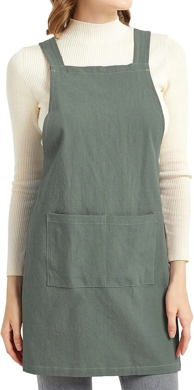 

Women's Plus Size Apron with Pockets, Cross Back Design, No Tie, Cotton Linen Material