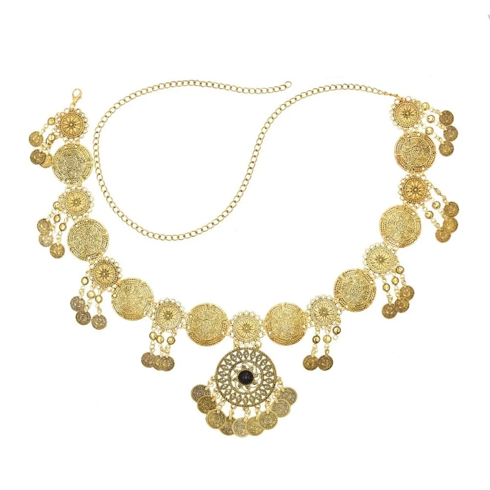 Retro Vintage Münzgürtel mit langen Quasten, Bauchtanzgürtel, gold-silberfarben, geschnitzte Blumen, Körperkette im Ethno-Stil – Detail 11