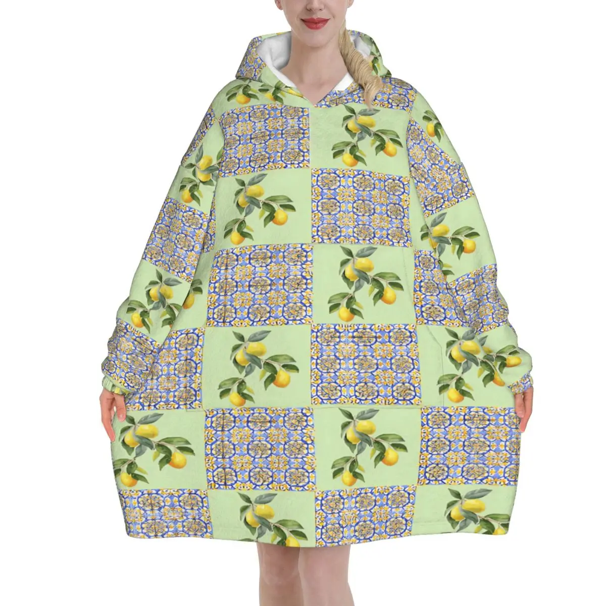 Lemon Sicily Rectangle Wearable Blanket Hoodie Cozy Oversize Blanket Sweatshirt Thick Fleece Hooded Blanket with Pocket