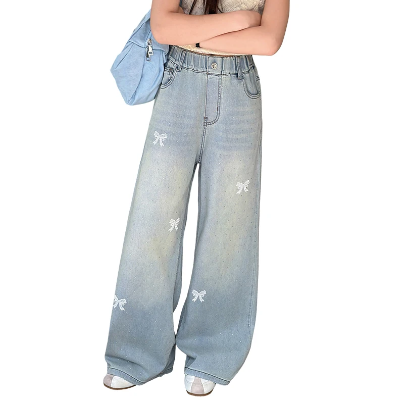 Girls' bow-knot bright diamond jeans spring and summer thin fashionable wide-leg straight pants suitable for children aged 5-15