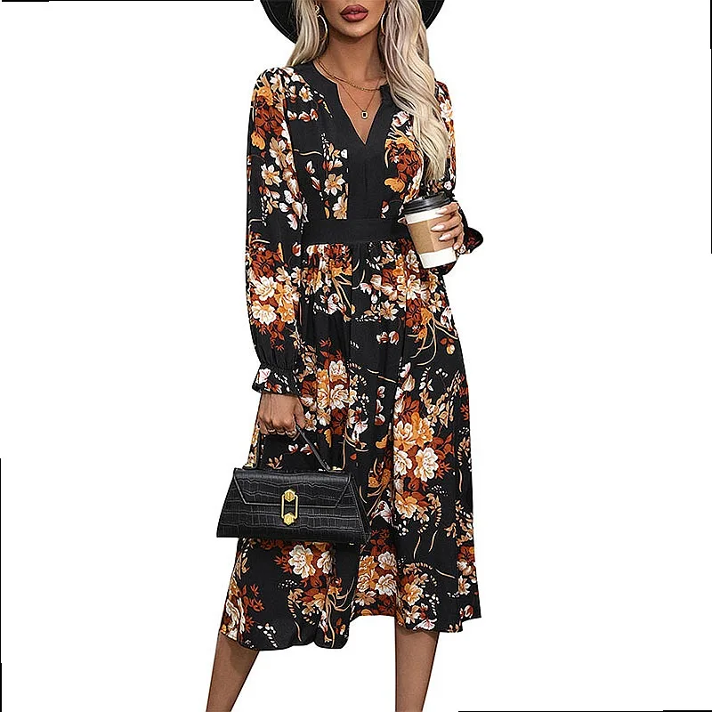 Women's Floral Print Midi Dress Long Sleeve Boho Dresses Spring Summer Casual Flowy Tunic Overall Jumpsuit Playsuit Matching Set view 5