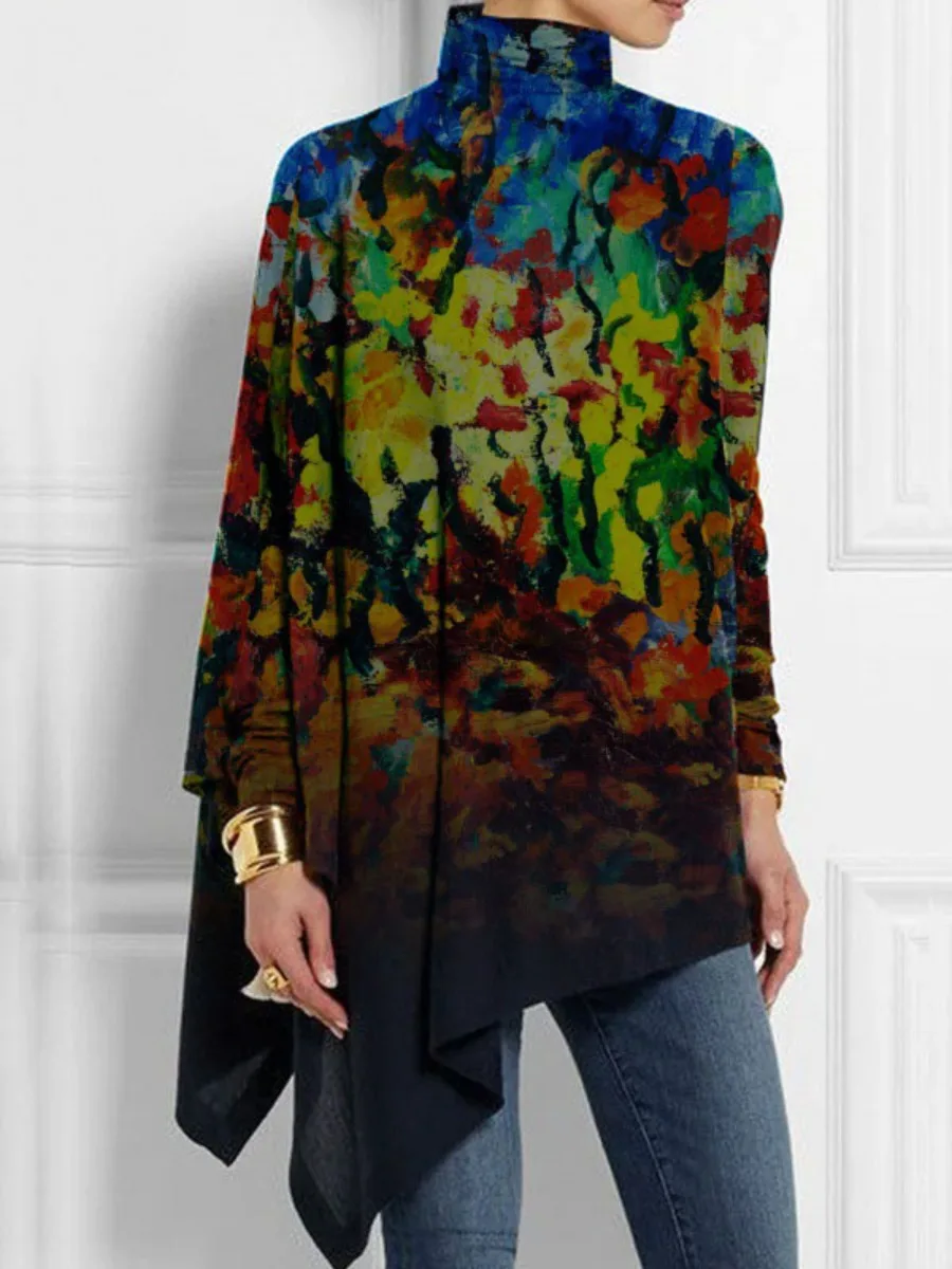 

Freeacy Women's Stylish Shirts High Neck Long Sleeve Asymmetrical Printed T-shirt Spring Autumn Loose Fit Pleated Female Blouse