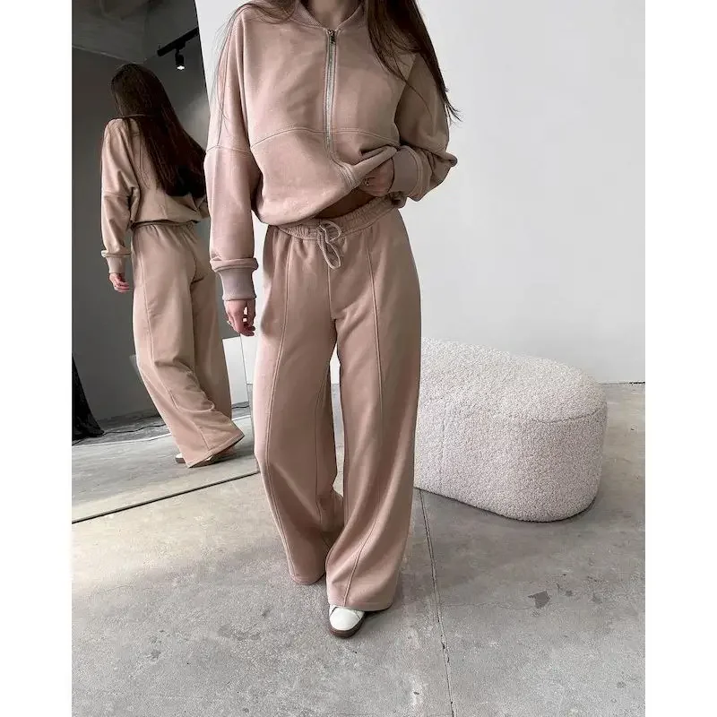 Vintage Womens Two Piece Sets Harajuku Hoodie Jacket and Casual Straight Leg Pants Sets Female Autumn Winter HighStreet Suit