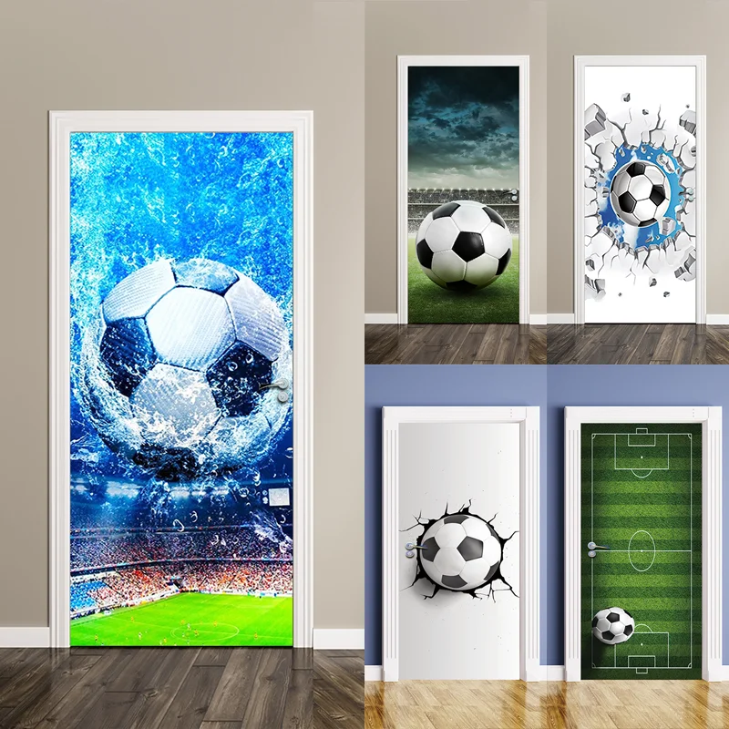 3D Door Stickers Adhesive Soccer Photo Wallpaper for Living Room DIY Full Door Mural Cover Art Poster Home