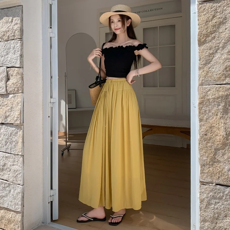 Vintage Minimalist Yellow Elastic Waist Maxi Skirt Casual Flowy A-line Pleated Cotton Skirt For Women Summer Beachwear Outfits