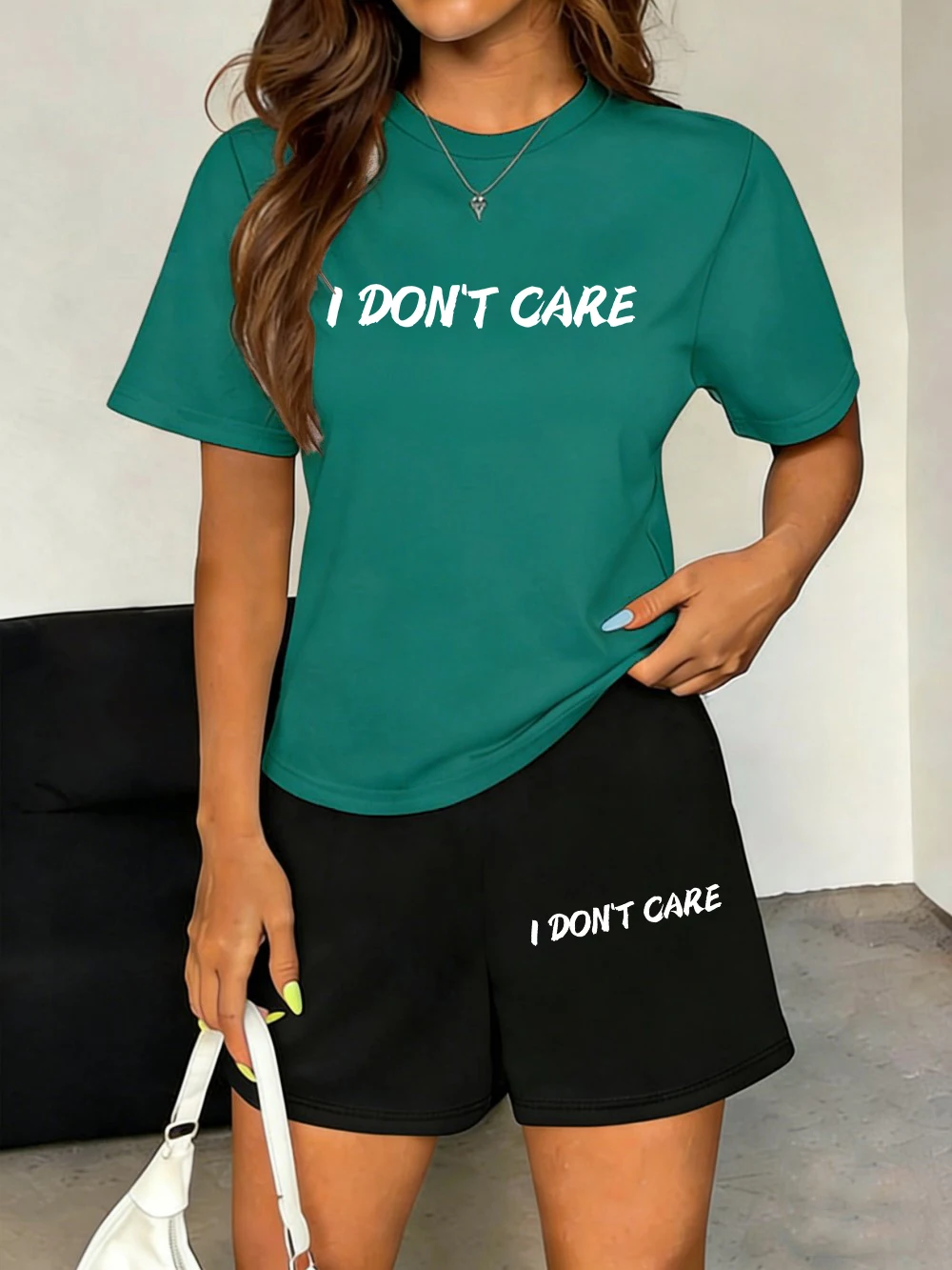 

I Don'T Care Letter Prints T-Shirts Pants Womens Summer Two Pieces Set Tops Shorts Basic High Waisted Oversized Pocket Clothes