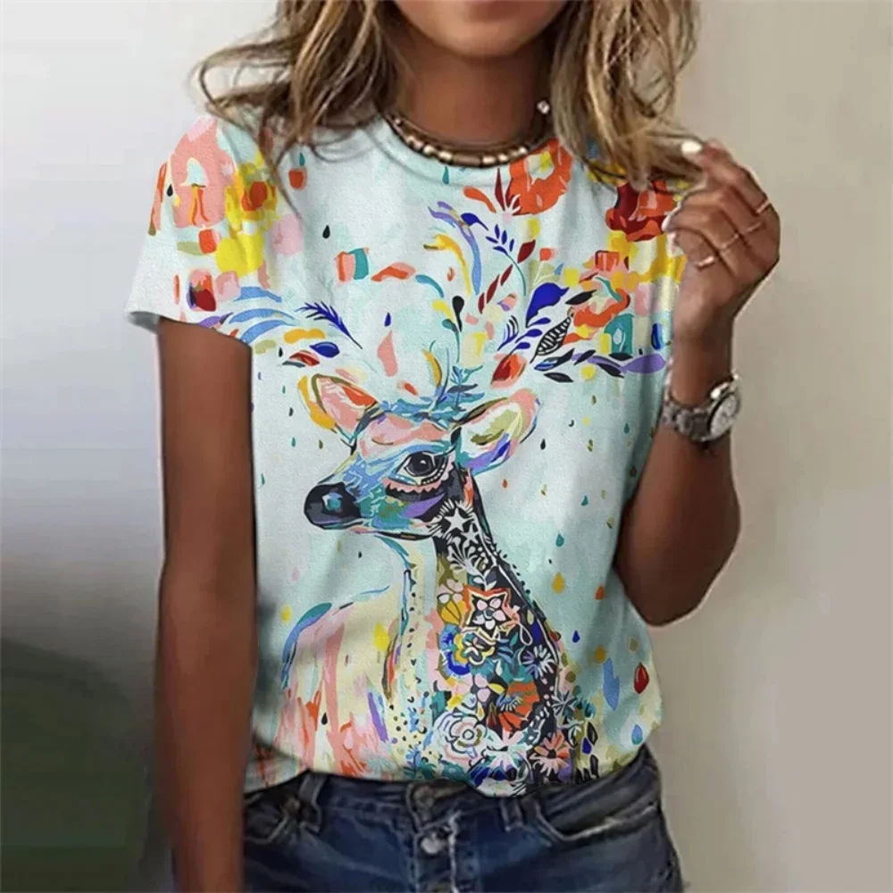 

Plus Size Vintage T-Shirt for Women Casual 3D Printed Colorful Deer Abstract Geometry Graphic Short Sleeves Street O-Neck Tees