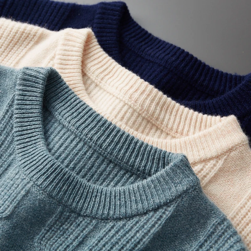 Autumn/Winter Men's 100% Pure wool Pullover Business Casual Solid Knitted Sweater Loose Round Neck Tops Thick Warm Jumper