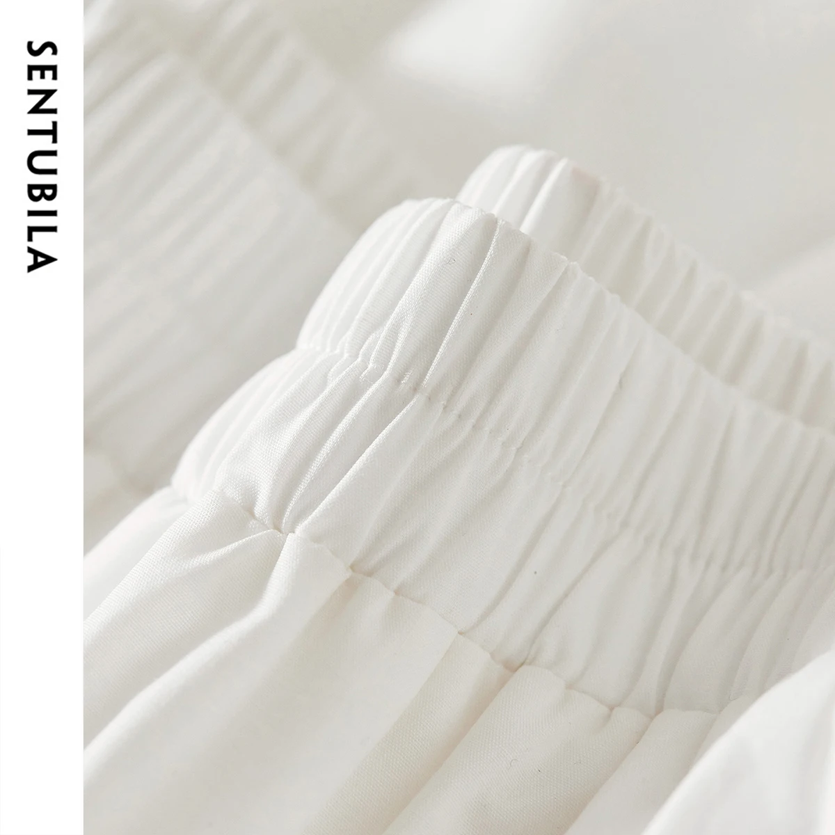 Sentubila White Elegant Skirt Women's Autumn New High Waist A-line Umbrella Shirring Solid Elastic Waist Skirt Casual 132Q48743