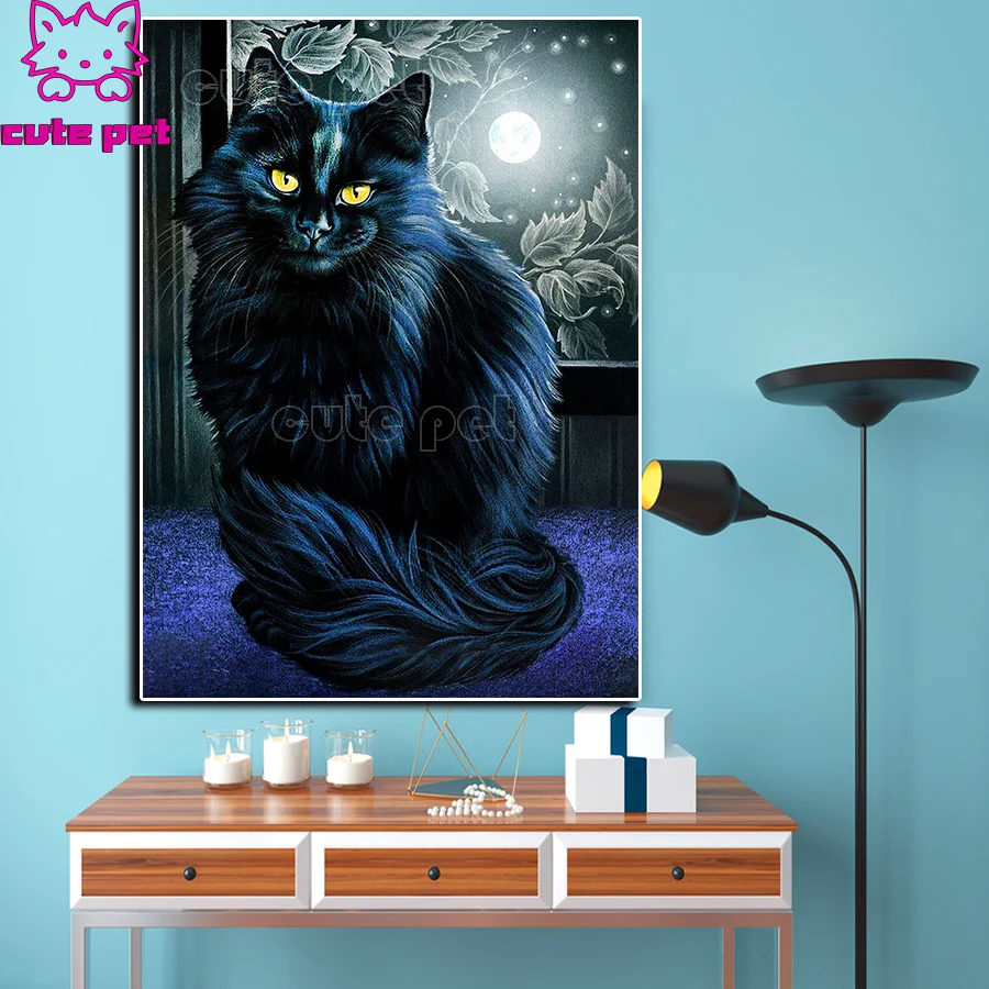 new 5D DIY Full square Diamond Painting Black cat under the moon Mosaic puzzle Rhinestone Embroidery Cross Stitch animal decor