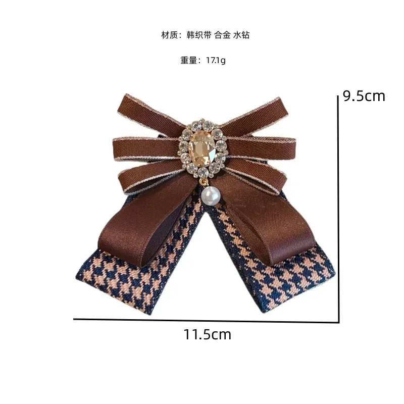 Korean Women's Bow Tie Rhinestone Plaid Ribbon Brooch College Style Uniform Suit Shirt Sweater Coat Accessories Gift Bowtie Pins