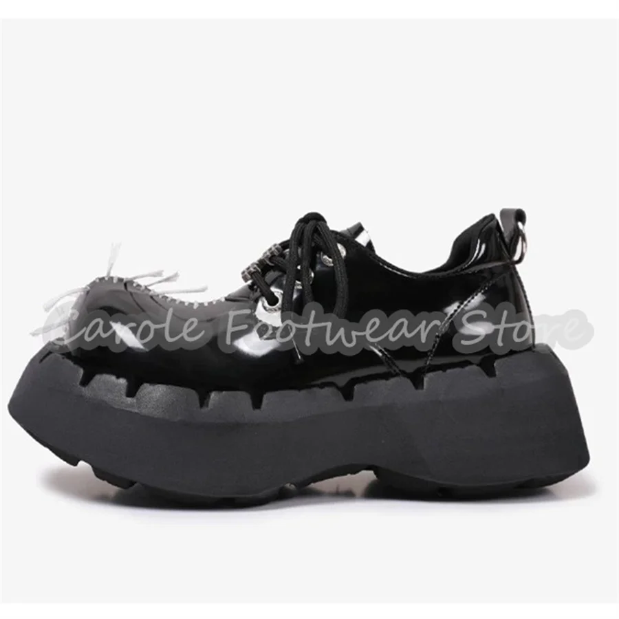 Male Chunky Bottom Heigh Increasing Shoes Gothic Stitch Platform Lace-Up Derby Shoes Black Patent Leather Streetwear Oxfords view 5