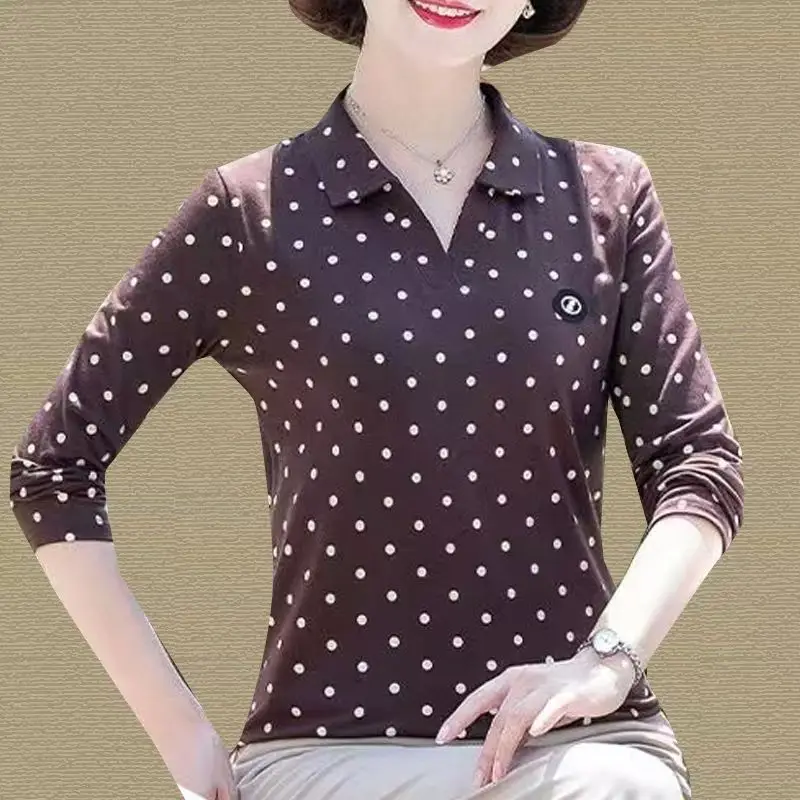 Stylish Long Sleeve Polka Dot Base Shirt for Middle-Aged And Elderly Women Spring Fashion Casual Loose Polyester T-Shirt