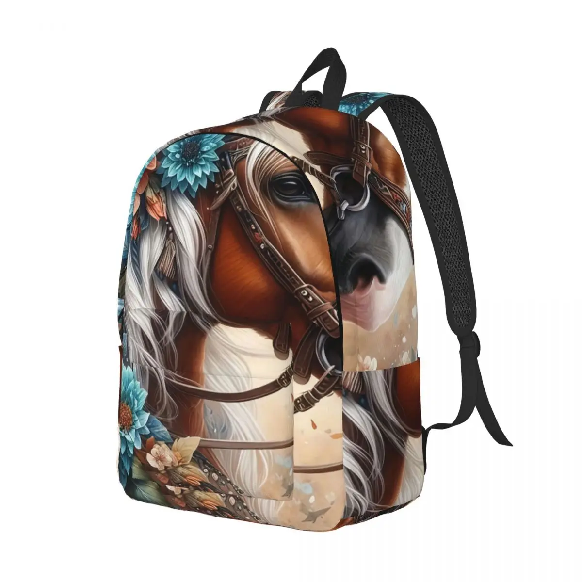 Floral Print School Backpack Clustered Horse Dahlia Flowers Bird Soft Botanical Terracotta Teal Cream Lightweight Backpack Work