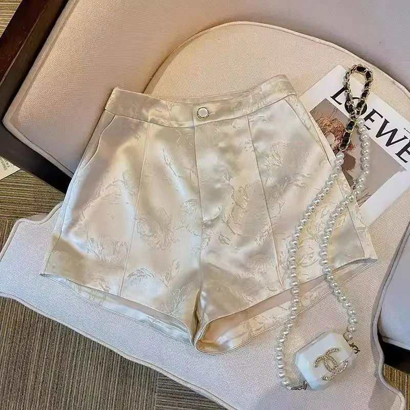 

Wedbleser Spring Summer New High Waisted Loose Slimming Shorts New Chinese Acetate Satin Wide Leg Women Shorts