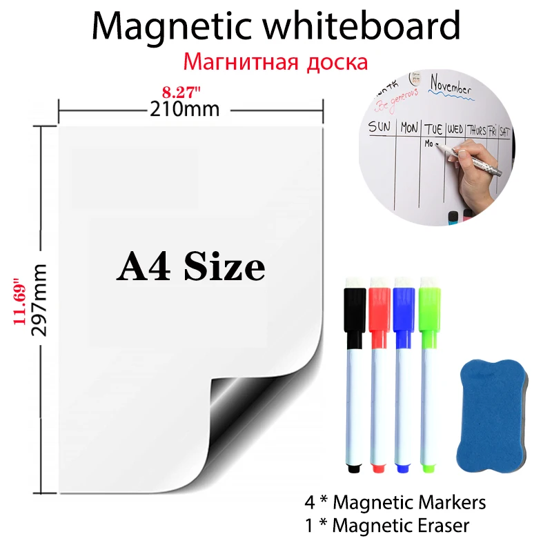 Tableau blanc souple magnétique réutilisable pour réfrigérateur, format A4, autocollants effaçables, notes autocollantes, babillard, pratique,