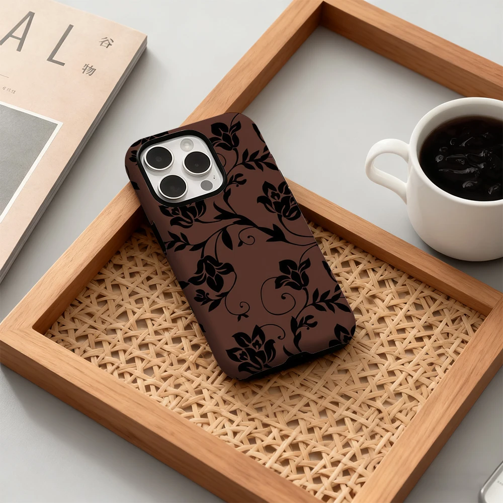 

Brown Floral Vine Pattern Phone Case for iPhone 17 16 15 14 13 12 11 Pro Max Air Plus Luxury Double-layer Back Cover