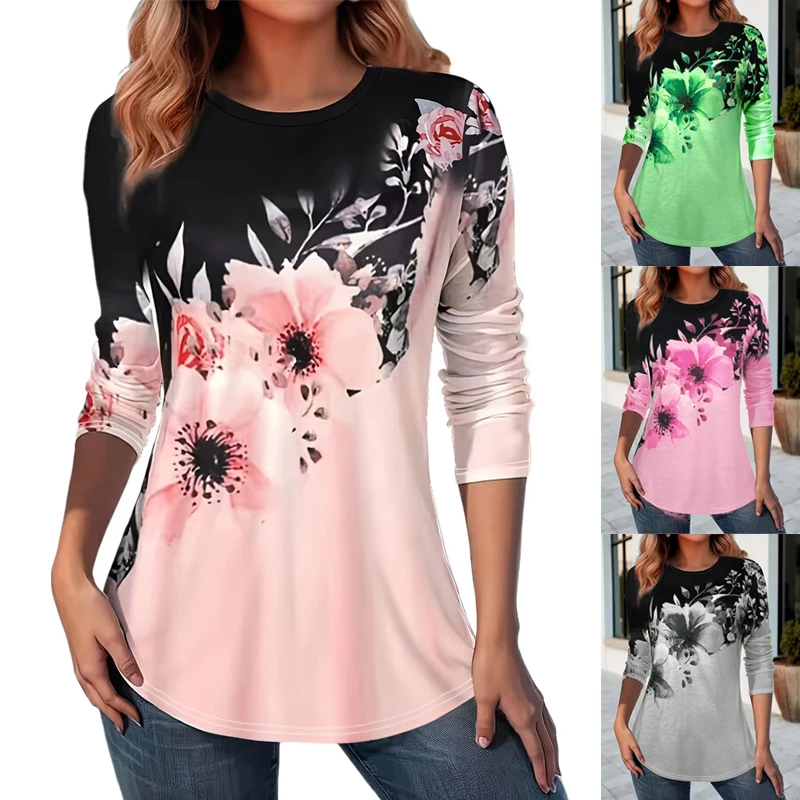 Women's Flower Printed Long Sleeve T-shirt Round Neck Loose Contrast Pullover Top Holiday Floral Tee Blouse Streetwear