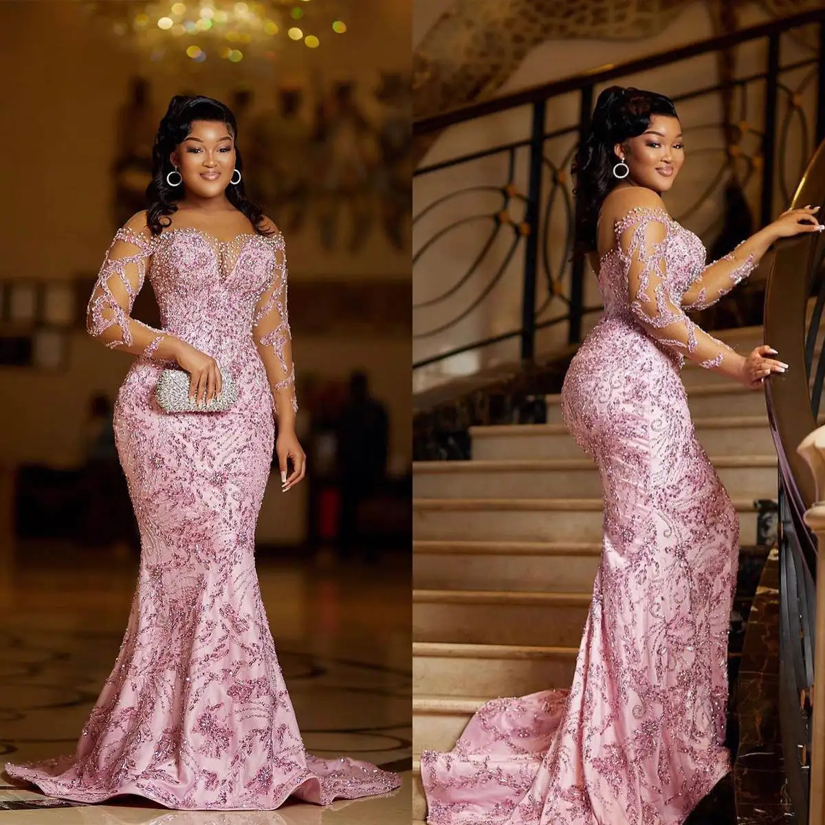 

Exquisite Customized Mermaid Evening Dresses Long Sleeve Lace Appliques Prom Gowns Sequins Beadeds Plus Size Dresses