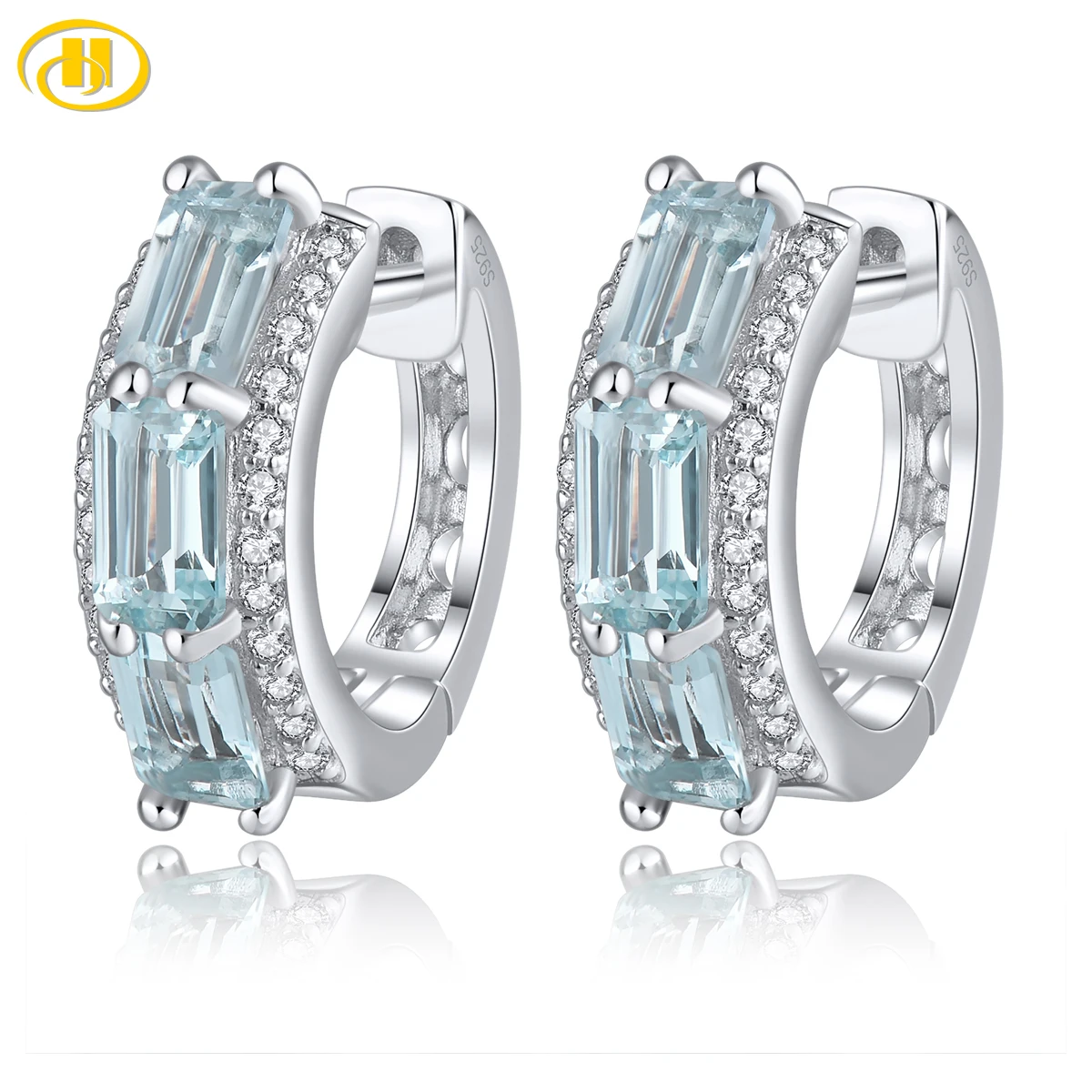 Natural Aquamarine Solid Sterling Silver Hoop Earring 1.5 Carats Genuine Light Blue Gemstone Fine Jewelry Quality S925 Gifts